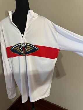 White Long Sleeve Pullover with Red Stripe and Pelican Logo